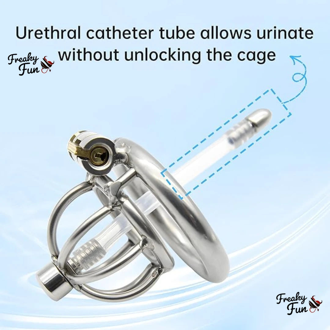 Metal urethral catheter tube with text on a light blue background