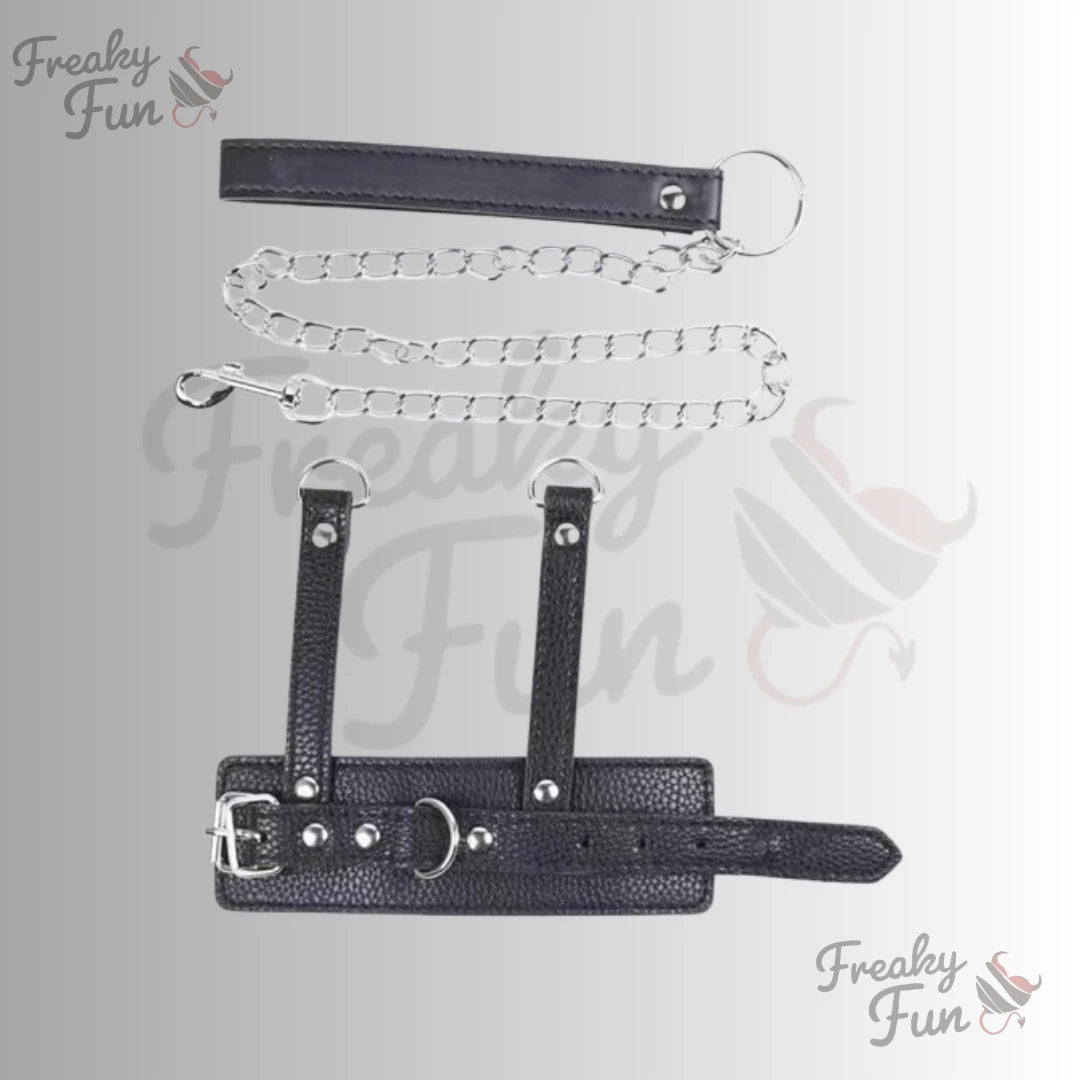Black leather harness with chain on a gray background, branded 'Freaky Fun'.