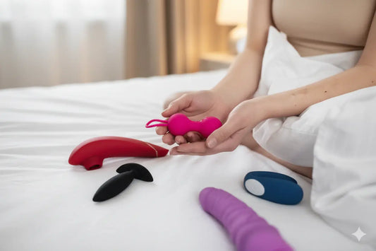 A woman sitting on a bed holding a pink kegel ball, surrounded by various colorful adult wellness products on white sheets.