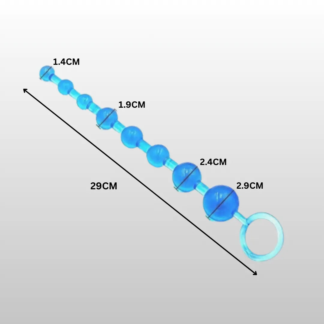 Blue anal beads with ring handle, 29cm length, bead sizes ranging from 1.4cm to 2.9cm