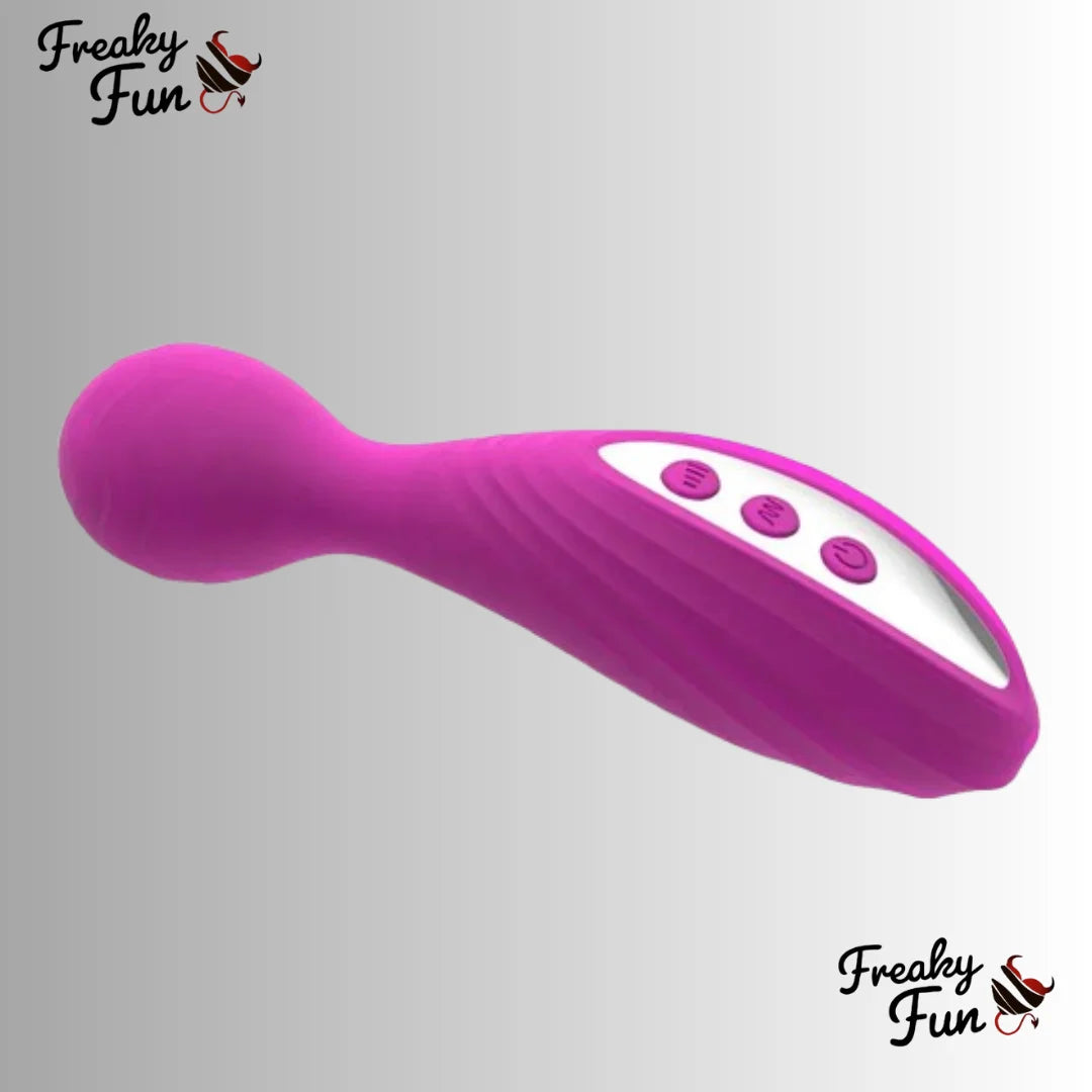 Pink electronic Beginner Vibrator for women with buttons on a gray background, branded 'Freaky Fun'.