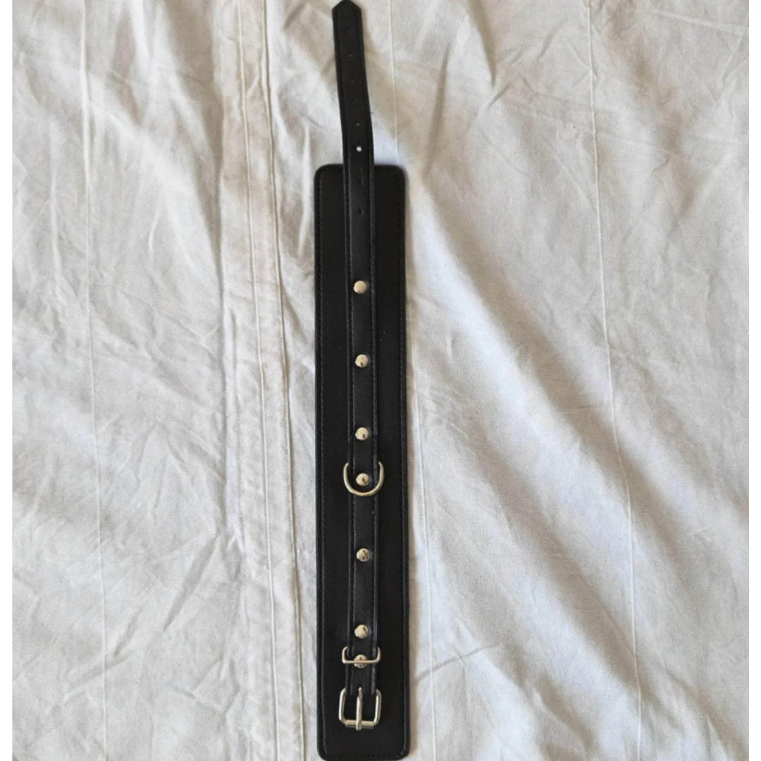 Black collar belt with silver buckle on a white fabric background