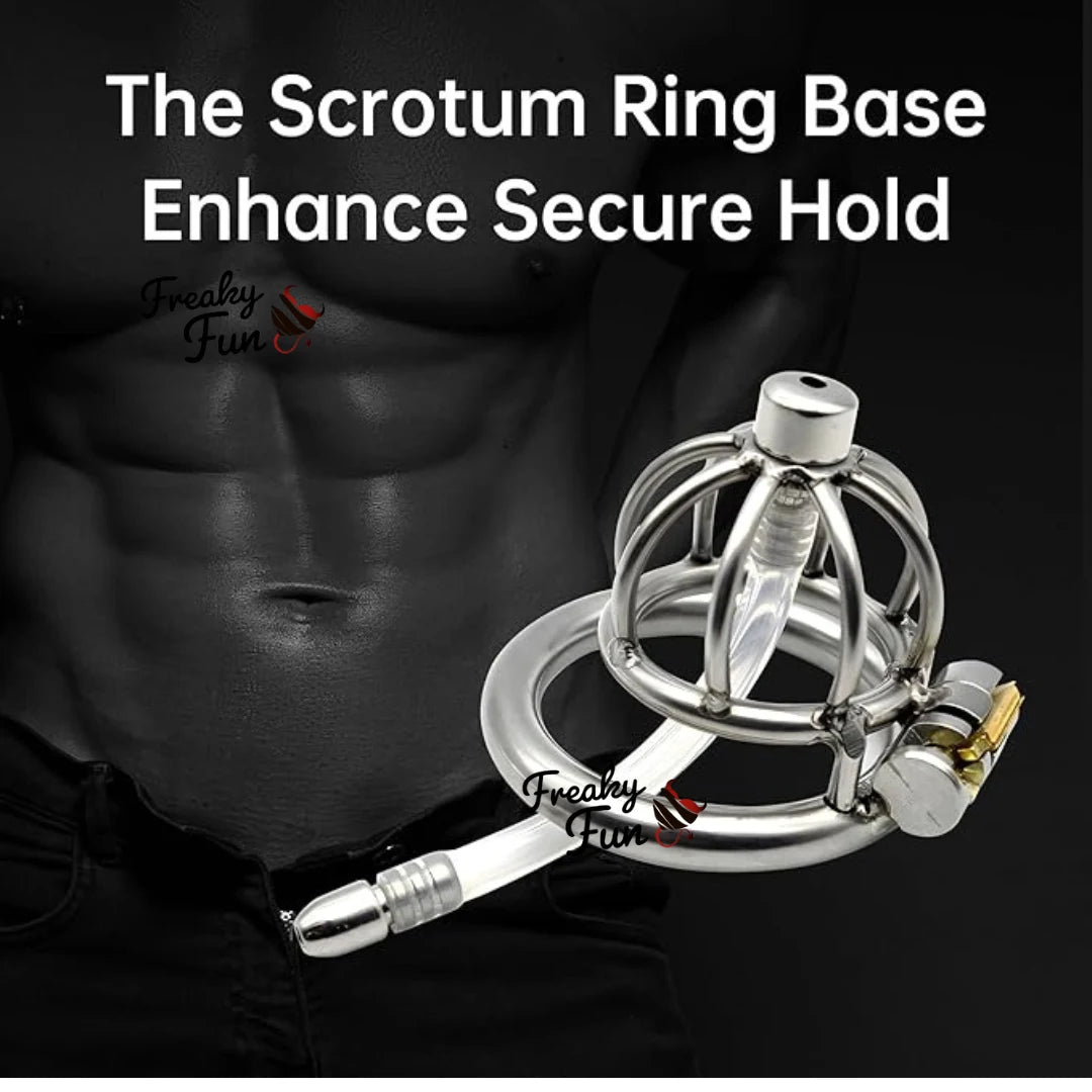 Metallic chastity device with text 'The Scrotum Ring Base Enhance Secure Hold' on a black background.