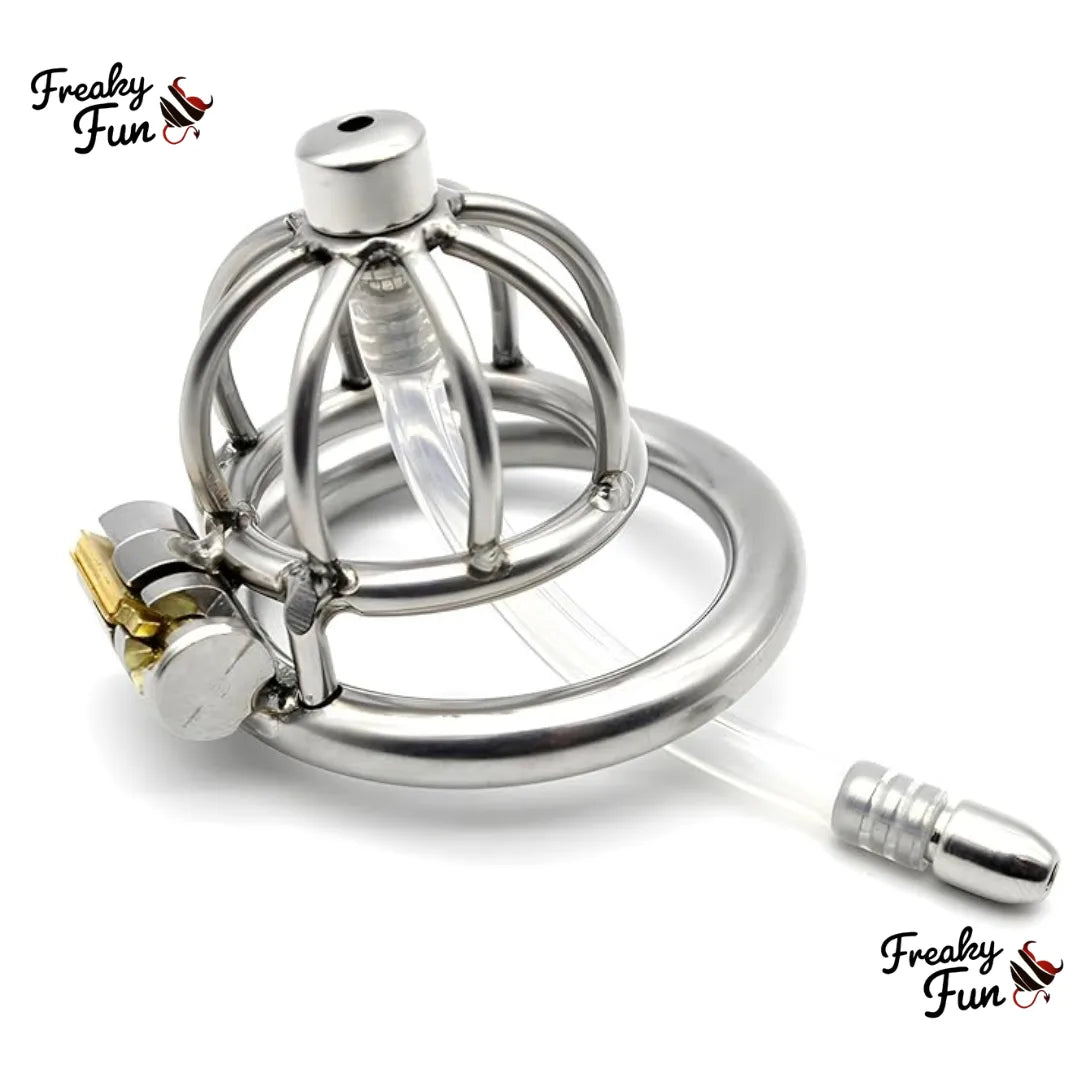 Metal chastity device on a white background with 'Freaky Fun' branding.