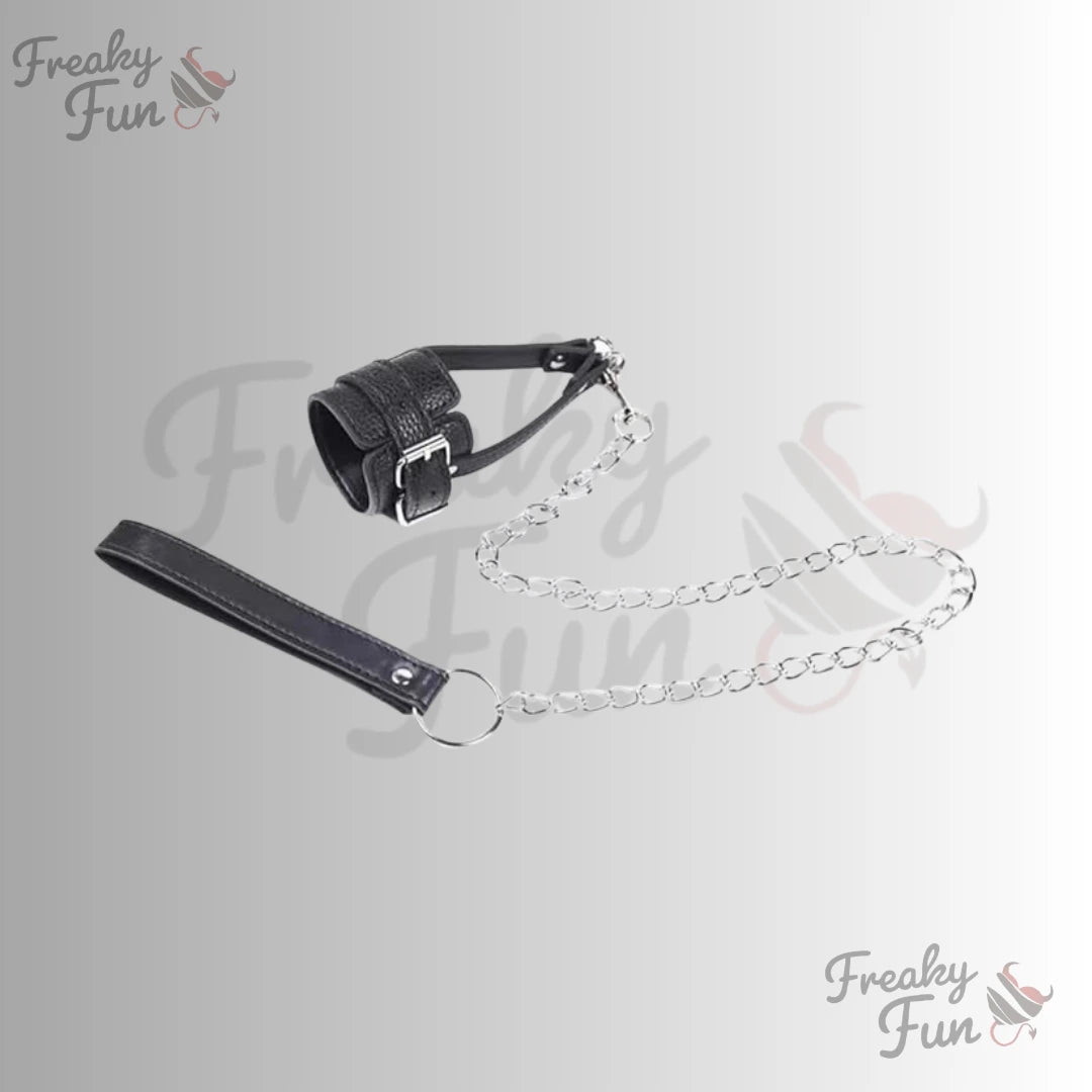 Black leather restraint with chain on a gray background, branded 'Freaky Fun'.