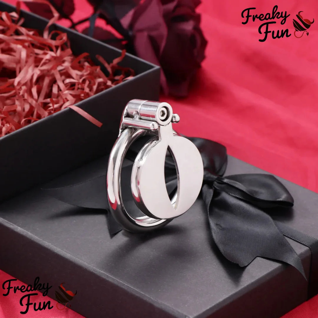 Silver sissy chastity cage with ring with a black bow on a red and black background with 'Freaky Fun' branding.