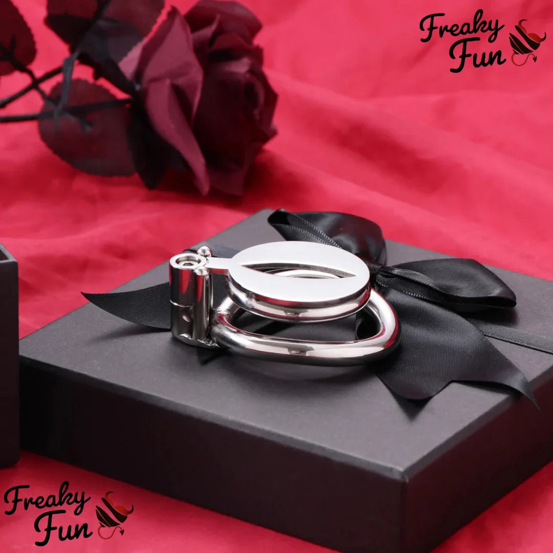 Silver sissy cage with black bow on a black box against a red background, branded 'Freaky Fun'.