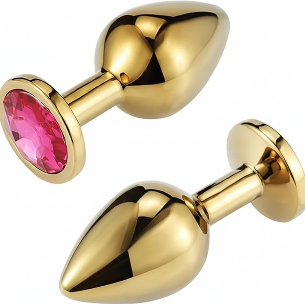 Gold anal plug with a pink gem on a white background