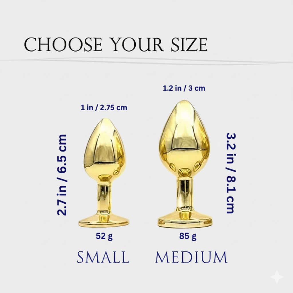 Gold-colored product sizes labeled 'Small' and 'Medium' with measurements and weights on a white background.