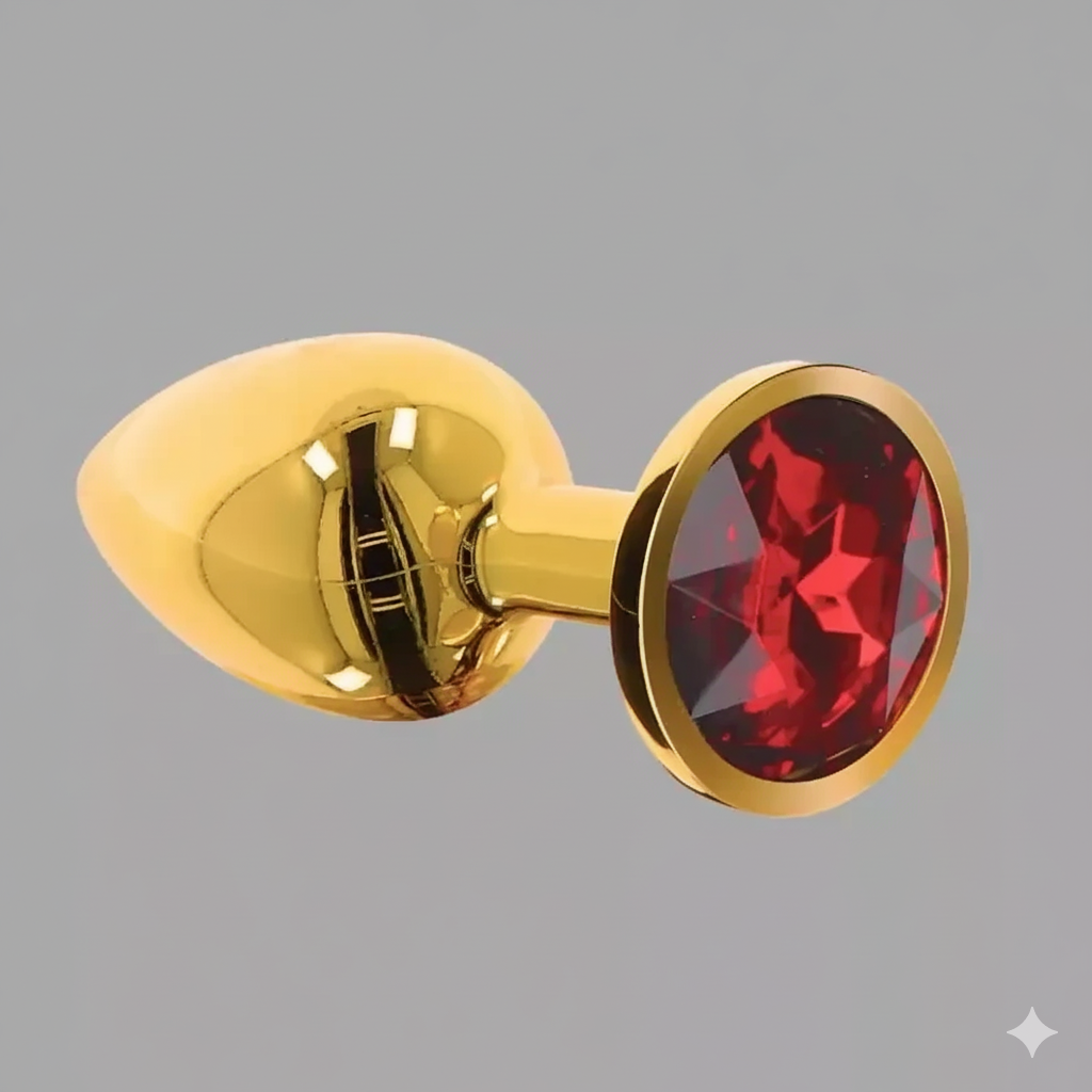 Gold plug with a red gemstone on a gray background