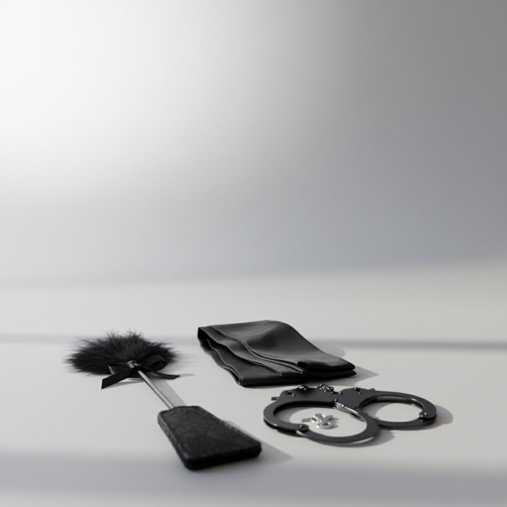 Black feather duster, black satin sheet, and black handcuffs on a white background