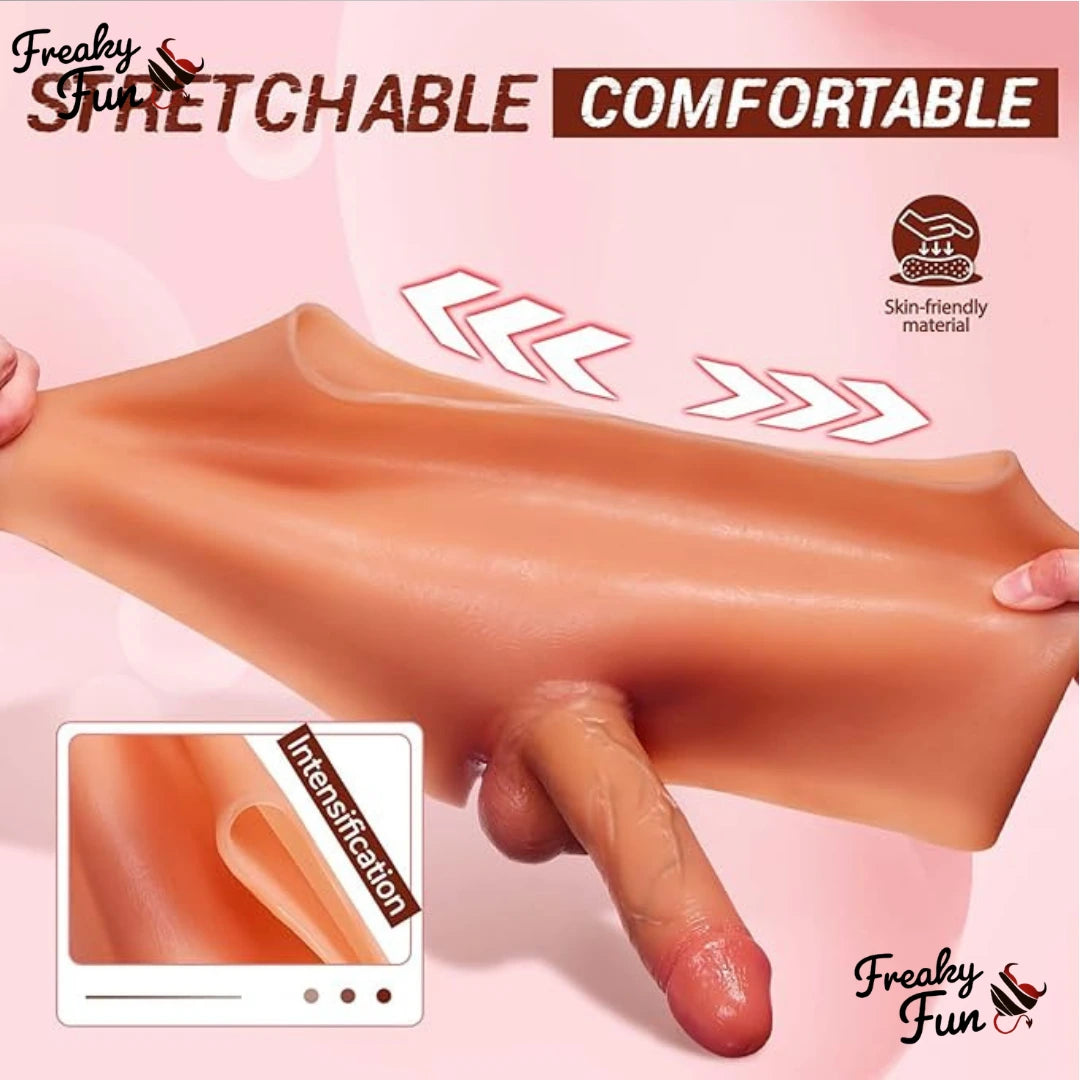 Dildo showing stretchable material with text 'Freaky Fun' on a pink background