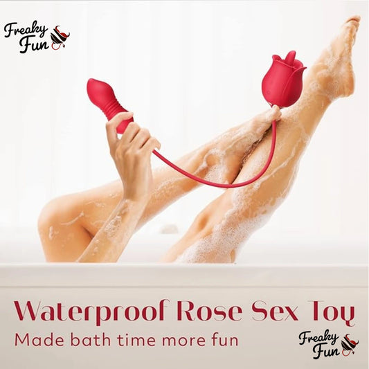 Red waterproof rose vibrator sex toy with a person in a bathtub, labeled 'Freaky Fun'.