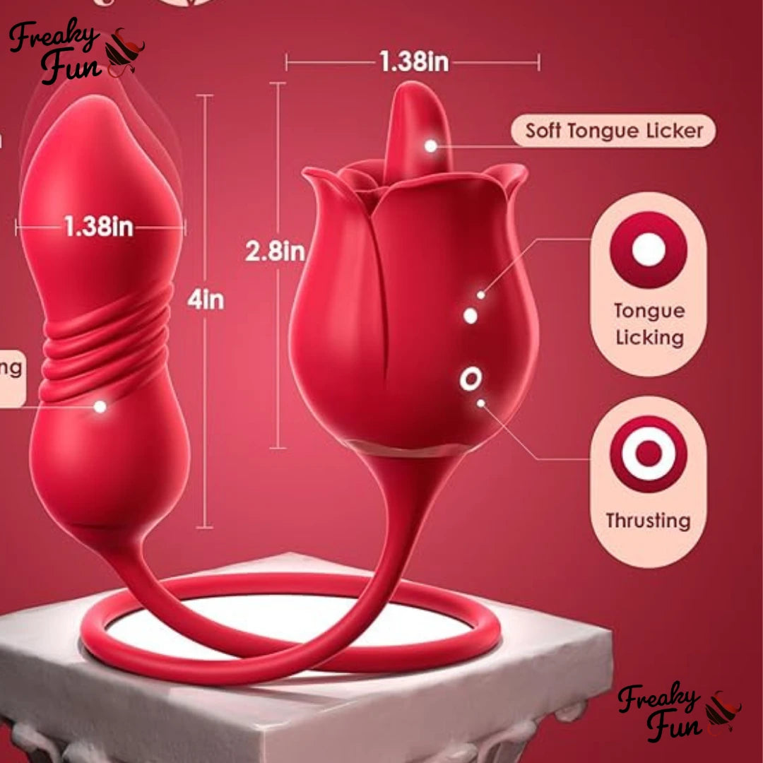 Red silicone vibrator with measurements and features on a red background