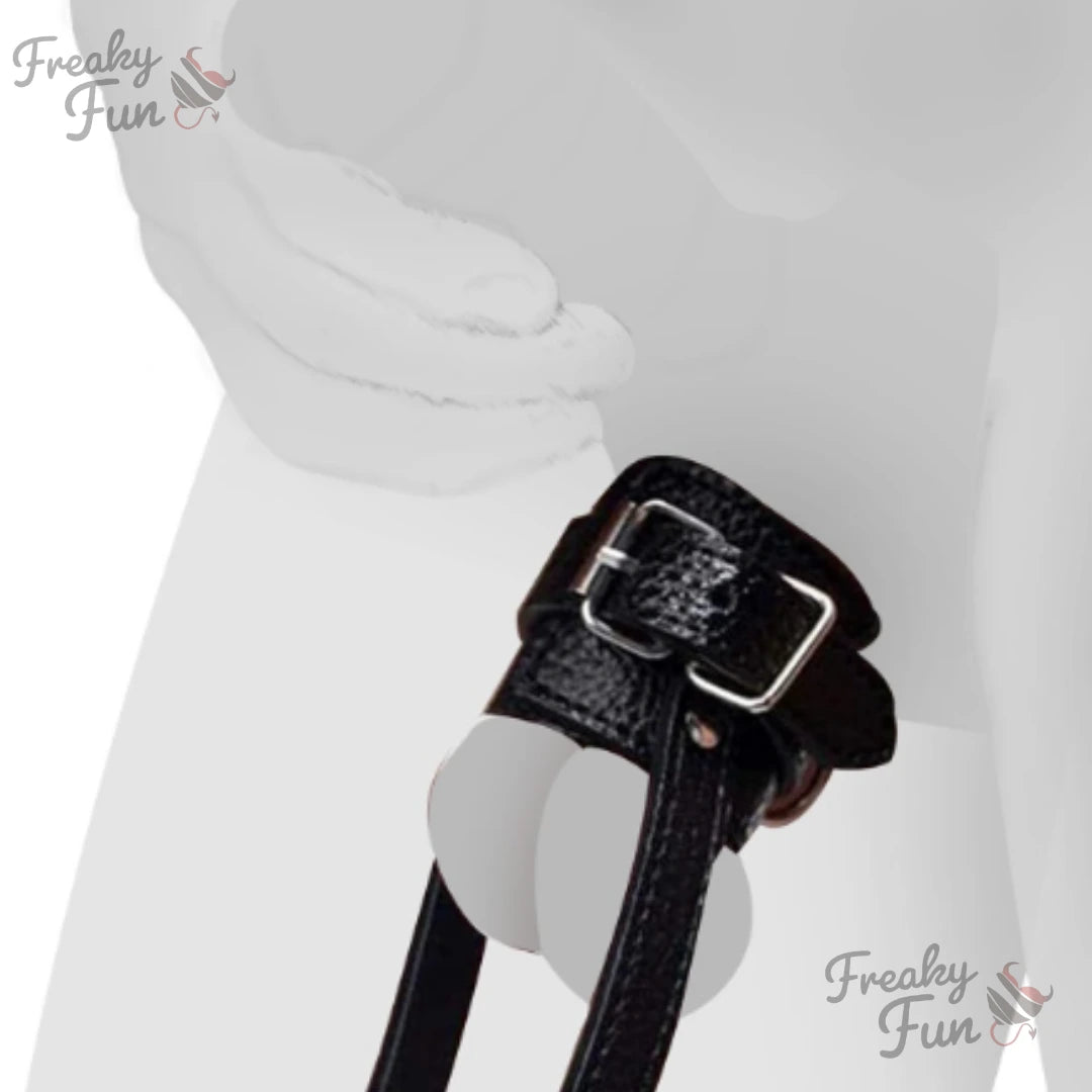 Black leather strap with silver buckle on a white background, branded 'Freaky Fun'.