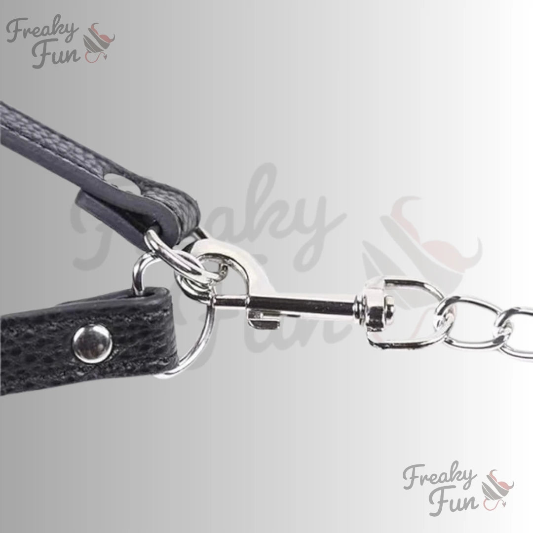 Close-up of a gray leather strap with a silver clasp on a light gray background, branded 'Freaky Fun'.