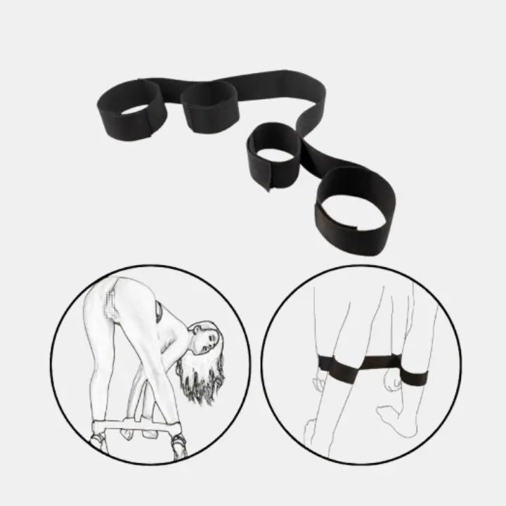 Black resistance band with illustrations of usage on a white background