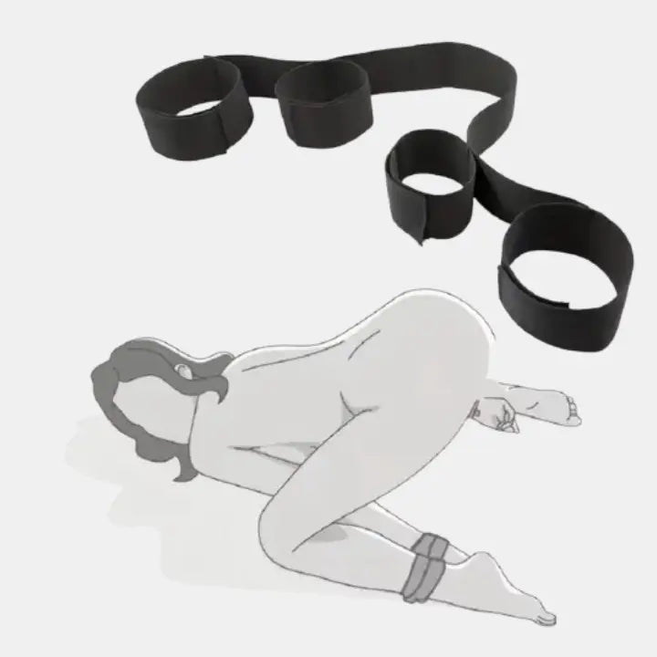 Black exercise band with a paper cutout of a person lying on the ground.